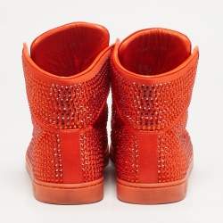 Pre Owned Gucci  Size 39.5 Orange Satin Crystal Studs High Top  Sneakers