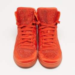 Pre Owned Gucci  Size 39.5 Orange Satin Crystal Studs High Top  Sneakers