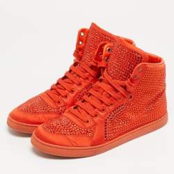 Pre Owned Gucci  Size 39.5 Orange Satin Crystal Studs High Top  Sneakers