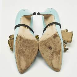 Pre Owned حذاء كعب عالي غوتشي سير فيونكة كريستال قابل للإزالة ألياسا جلد أزرق مخضر فاتح مقاس 38