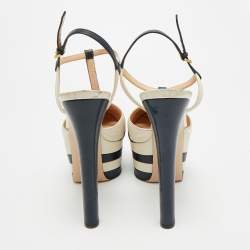 Pre Owned Gucci Angel Size 39 Navy Blue/Cream  Leather Spikes Embellished Platform Pumps