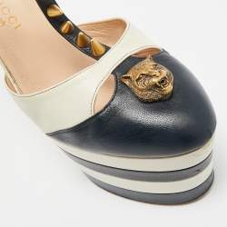 Pre Owned Gucci Angel Size 39 Navy Blue/Cream  Leather Spikes Embellished Platform Pumps