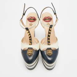 Pre Owned Gucci Angel Size 39 Navy Blue/Cream  Leather Spikes Embellished Platform Pumps