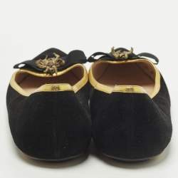 Pre Owned حذاء فلات غوتشي جلد أسود وشامواه مُزين بعقدة نحلة وبدبوس مدبب مقاس 40.5