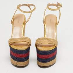 مملوكة مسبقًا صندل غوتشي كعب روكي إسبادريل سير كاحل نعل سميك ويب جوت وجلد ذهبي ميتالك مقاس 38