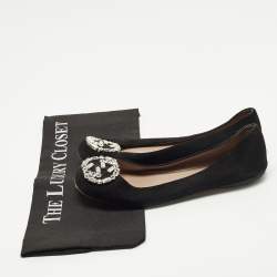 مملوكة مسبقًا حذاء باليرينا غوتشي جلد سويدي أسود مرصع بالكريستال شعار GG مقاس 37.5