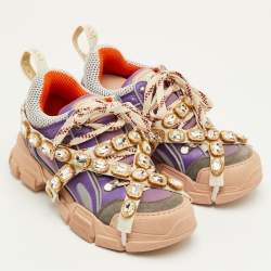 Pre Owned حذاء رياضي غوتشي "فلاش تريك" شبكي وجلد متنوع الألوان بأحجار كريستال قابلة للإزالة مقاس 37.5