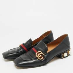 مملوكة مسبقًا حذاء كعب عالي لوفرز غوتشي جلد أسود لؤلؤ مزخرف دوبل جي ميد مقاس 40