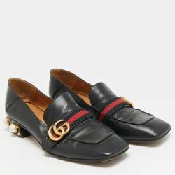 مملوكة مسبقًا حذاء كعب عالي لوفرز غوتشي جلد أسود لؤلؤ مزخرف دوبل جي ميد مقاس 40