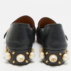 مملوكة مسبقًا حذاء كعب عالي لوفرز غوتشي جلد أسود لؤلؤ مزخرف دوبل جي ميد مقاس 40