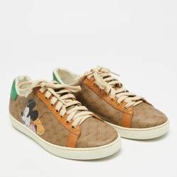 مملوكة مسبقًا حذاء رياضي غوتشي "ديزني آيس" قماش مغلف بني وجلد برباط علوي مقاس 37