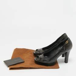 مملوكة مسبقًا Gucci Size 37.5 Black/Grey Leather Platform Peep Toe Pumps