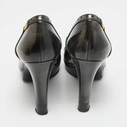 مملوكة مسبقًا Gucci Size 37.5 Black/Grey Leather Platform Peep Toe Pumps
