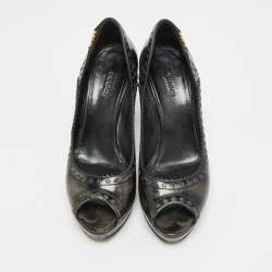 مملوكة مسبقًا Gucci Size 37.5 Black/Grey Leather Platform Peep Toe Pumps