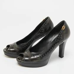 مملوكة مسبقًا Gucci Size 37.5 Black/Grey Leather Platform Peep Toe Pumps