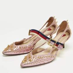 Pre Owned Gucci Unia Size 38 Metallic Leather Studded Mary Jane Pumps