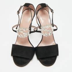 Pre Owned Gucci GG Size 40 Black Suede  Crystal Embellished GG Interlock Ankle Strap  Sandals