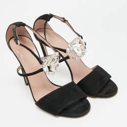 Pre Owned Gucci GG Size 40 Black Suede  Crystal Embellished GG Interlock Ankle Strap  Sandals