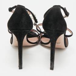 Pre Owned Gucci GG Size 40 Black Suede  Crystal Embellished GG Interlock Ankle Strap  Sandals