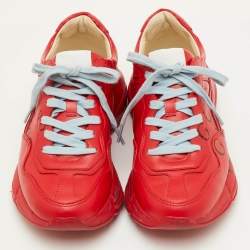 Pre Owned Gucci Rhyton Size 37 Red Leather 100th Anniversary Red Lace Up Sneakers