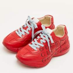 Pre Owned Gucci Rhyton Size 37 Red Leather 100th Anniversary Red Lace Up Sneakers