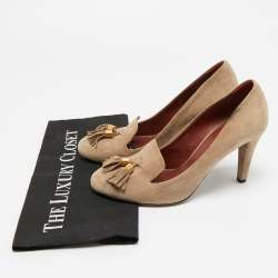Pre Owned Gucci Mischa Size 38 Beige Suede Tassel Loafer Pumps