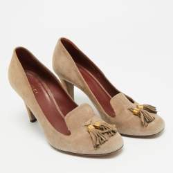 Pre Owned Gucci Mischa Size 38 Beige Suede Tassel Loafer Pumps