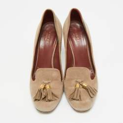 Pre Owned Gucci Mischa Size 38 Beige Suede Tassel Loafer Pumps