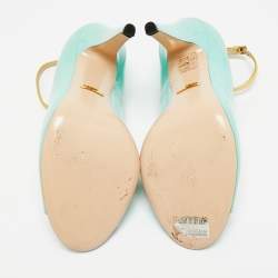 Pre Owned Gucci Molina Size 38 Light Turquoise/Gold Patent and Leather T-Strap Pumps