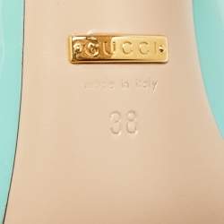 Pre Owned Gucci Molina Size 38 Light Turquoise/Gold Patent and Leather T-Strap Pumps