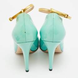 Pre Owned Gucci Molina Size 38 Light Turquoise/Gold Patent and Leather T-Strap Pumps