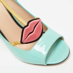 Pre Owned Gucci Molina Size 38 Light Turquoise/Gold Patent and Leather T-Strap Pumps