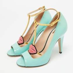 Pre Owned Gucci Molina Size 38 Light Turquoise/Gold Patent and Leather T-Strap Pumps