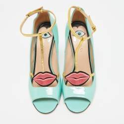 Pre Owned Gucci Molina Size 38 Light Turquoise/Gold Patent and Leather T-Strap Pumps