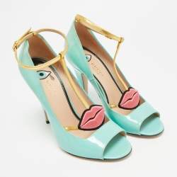 Pre Owned Gucci Molina Size 38 Light Turquoise/Gold Patent and Leather T-Strap Pumps