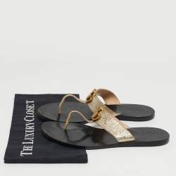 Pre Owned Gucci GG Marmont Size 38.5 Gold Foil Leather Thong Flats Slide