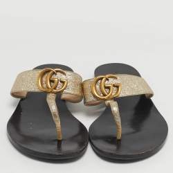 Pre Owned Gucci GG Marmont Size 38.5 Gold Foil Leather Thong Flats Slide