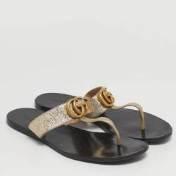 Pre Owned Gucci GG Marmont Size 38.5 Gold Foil Leather Thong Flats Slide