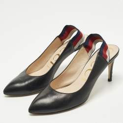 مملوكة مسبقًا Gucci Sylvie Size 36.5 Black Leather Web Slingback Pumps