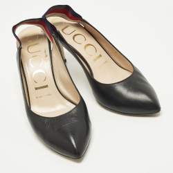 مملوكة مسبقًا Gucci Sylvie Size 36.5 Black Leather Web Slingback Pumps