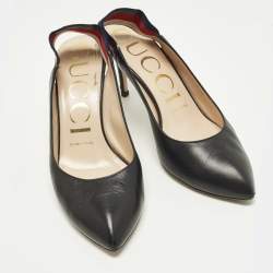مملوكة مسبقًا Gucci Sylvie Size 36.5 Black Leather Web Slingback Pumps