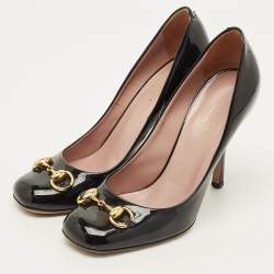 مملوكة مسبقًا حذاء كعب عالي غوتشي جوليني مزين هورسبيت مقدمة مفتوحة جلد بيج مقاس 35.5