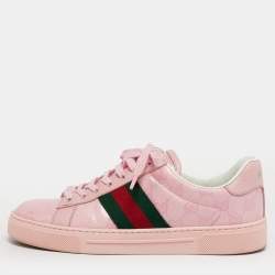 Pre Owned Gucci Ace Size 36.5 Pink Leather Web Lace Up Sneakers