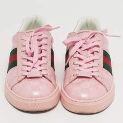 Pre Owned Gucci Ace Size 36.5 Pink Leather Web Lace Up Sneakers