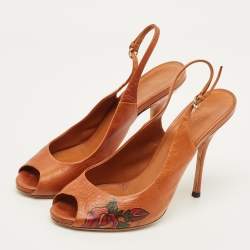 Pre Owned Gucci Size 38 Brown Leather Peep Toe Slingback Pumps