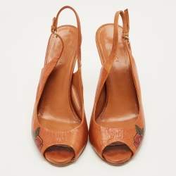 Pre Owned Gucci Size 38 Brown Leather Peep Toe Slingback Pumps