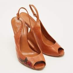 Pre Owned Gucci Size 38 Brown Leather Peep Toe Slingback Pumps