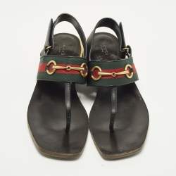 Pre Owned Gucci GG Web Size 40 Black Leather Horse bit Thong  Slingback Flat Sandals