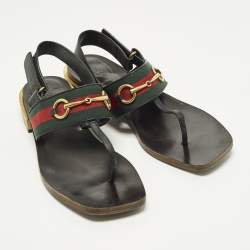 Pre Owned Gucci GG Web Size 40 Black Leather Horse bit Thong  Slingback Flat Sandals