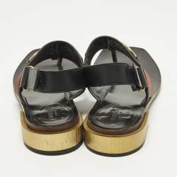 Pre Owned Gucci GG Web Size 40 Black Leather Horse bit Thong  Slingback Flat Sandals